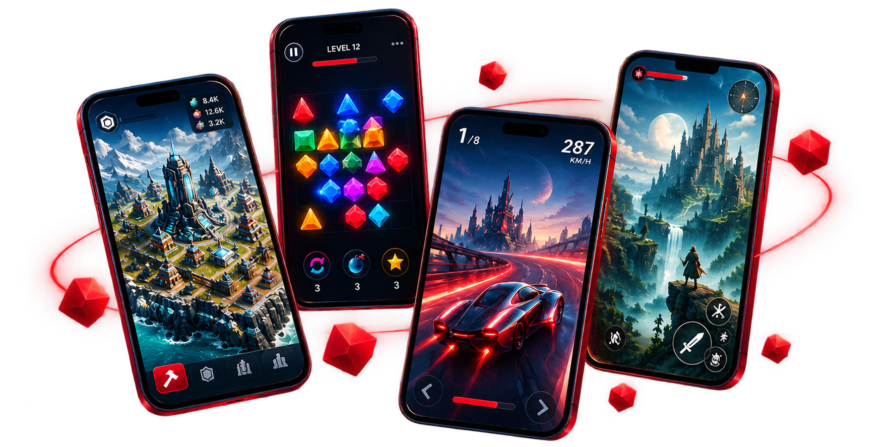 Original mobile games shown on four smartphones